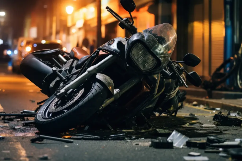 Black motorcycle crashed on ground at night.