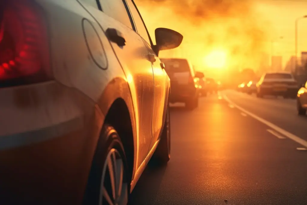 Cars driving along road on a hazy evening.