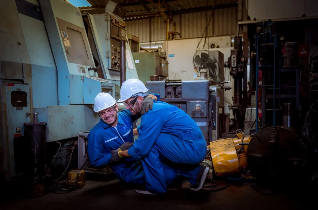 Someone helping their coworker who seems to be injured. 