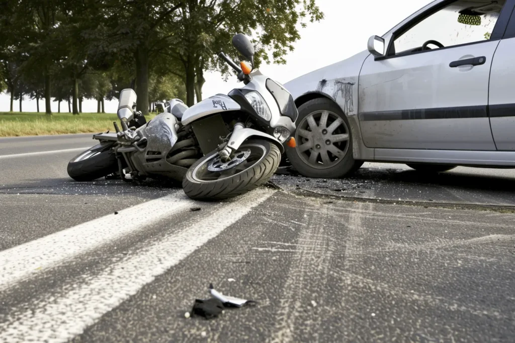 A motorcycle hit by a car.