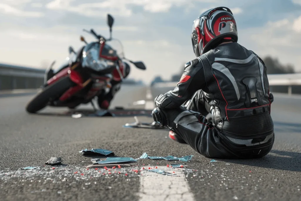 A crashed motorcycle and person on the road.