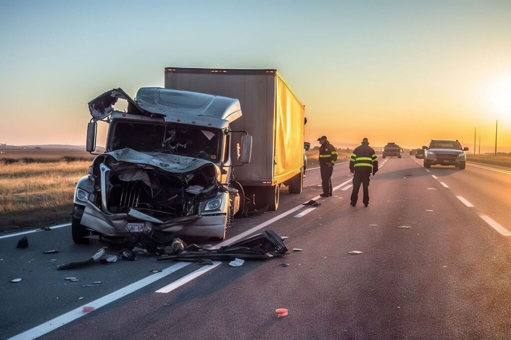 An 18-wheeler crashed truck on the side of the road.